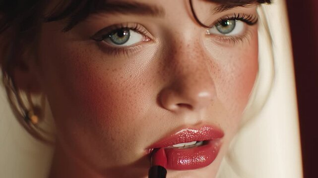 Close-up of a beautiful model applying lipstick in front of a mirror, soft natural light, bokeh background.