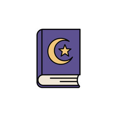 Detailed Color Outline Icon of a Book with Crescent Moon and Star Symbol: Vector Graphic for Religion, Islam, Quran, Magic, Spells, and Mysticism Concepts.
