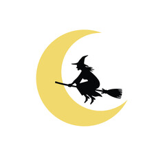 Bold Black Silhouette of a Witch Flying on a Broomstick Against a Large Yellow Crescent Moon: Vector Graphic for Halloween Night, Magic, Fantasy, and Spooky Holiday Concepts.