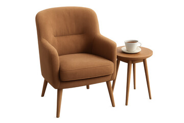 Fototapeta premium Cozy brown armchair with coffee table and hot drink