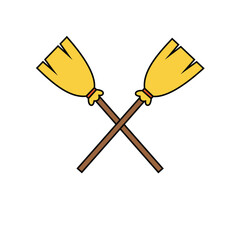 Simple Flat Color Icon of Two Crossed Witch Broomsticks: Vector Graphic Symbol for Halloween, Magic, Cleaning, Housework, and Spooky Design Concepts