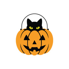 Cheerful Flat Design Jack-o'-lantern Candy Bucket Icon with a Spooky Black Cat Peeking Out: Vector Graphic for Halloween Treats, Autumn Celebration, and Holiday Fun