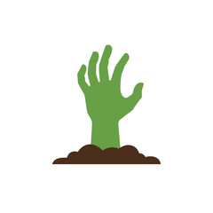 Obraz premium Bold Flat Design Green Zombie Hand Icon Reaching Out from Brown Earth: Vector Graphic Symbol for Halloween, Horror, Undead, Graveyard, and Spooky Concepts.