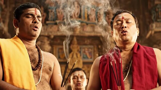 Hindu priests perform traditional puja ceremony with incense and offerings.
