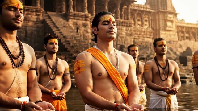 Hindu Priests Performing Sacred Rituals in Holy River.
