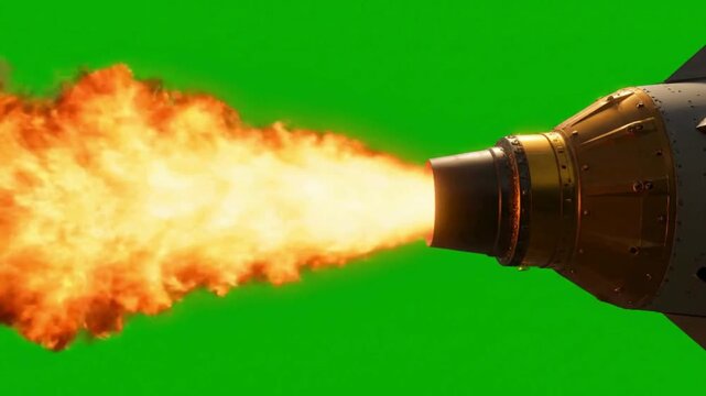 Powerful jet engine exhaust blasting fiery flames against a vibrant green screen.