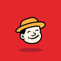 Cartoon face of a calm boy wearing a yellow hat, showing a neutral expression. Flat bold vector illustration with red background, ideal for mascot, emoji, or branding design