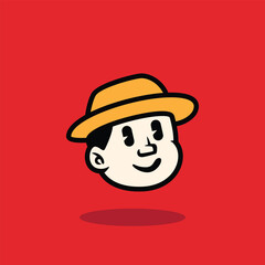Cartoon face of a calm boy wearing a yellow hat, showing a neutral expression. Flat bold vector illustration with red background, ideal for mascot, emoji, or branding design