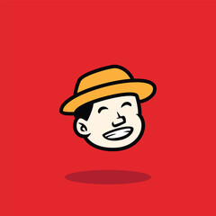 Cartoon face of a calm boy wearing a yellow hat, showing a neutral expression. Flat bold vector illustration with red background, ideal for mascot, emoji, or branding design