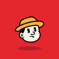 Cartoon face of a calm boy wearing a yellow hat, showing a neutral expression. Flat bold vector illustration with red background, ideal for mascot, emoji, or branding design