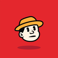 Cartoon face of a calm boy wearing a yellow hat, showing a neutral expression. Flat bold vector illustration with red background, ideal for mascot, emoji, or branding design