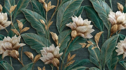 Fototapeta premium A detailed, intricate floral wallpaper with green and gold leaves and white flowers on a dark green background.