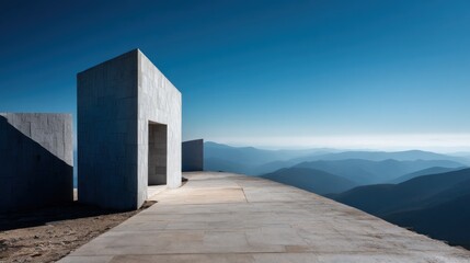 Fototapeta premium A minimalist concrete structure with a door, situated on a flat, expansive concrete platform with a view of distant mountains and a clear blue sky.