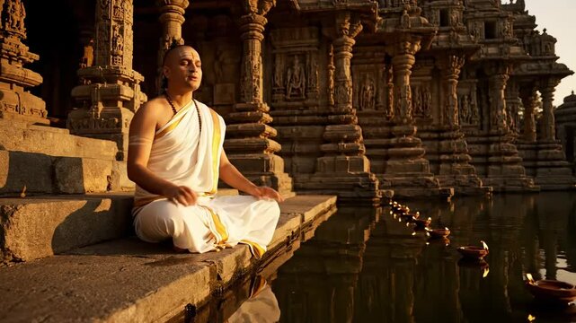 Serene Hindu Spiritual Leader Meditating by Temple Pool at Dawn, Bathed in Golden Light and Reflecting a Peaceful Atmosphere