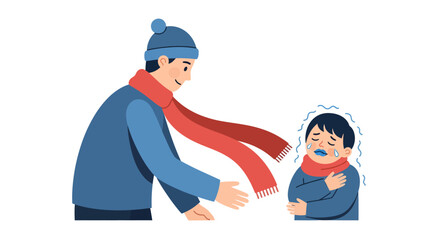 Caring adult helps a shivering child in winter weather.