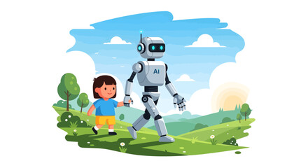 Child and robot walking together in a field.