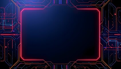 Futuristic digital interface with a glowing red neon frame on a dark background of a high-tech motherboard and computer circuitry design