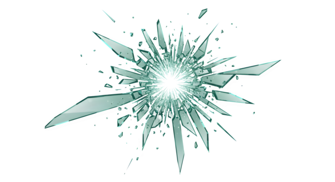 High-resolution digital illustration of a centered glass shatter effect with radiating shards and glowing highlights. Ideal for overlay graphics or visual effects.