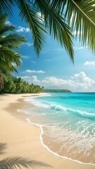 Tropical Beach With Palm Trees Blue Ocean And Clear Sky Perfect For Summer Vacation Travel And Paradise Background