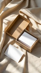 Blank Business Cards In Kraft Paper Box On Beige Fabric Background Perfect For Branding Mockup And Design Concept