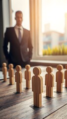 Business Leader Standing Behind Wooden Human Figures Representing Teamwork Leadership And Human Resource Concept