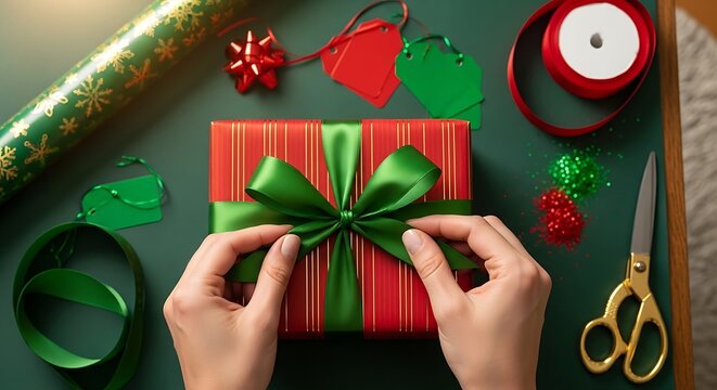 Hands tying a green ribbon bow on a red and green striped gift box, surrounded by wrapping paper and accessories.