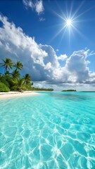 Tropical Beach With Crystal Clear Water Palm Trees And Bright Sun In Blue Sky Perfect For Summer Travel Background