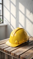 Yellow Safety Helmet On Wooden Table In Sunlight Perfect For Construction Industry Worksite And Protection Concept