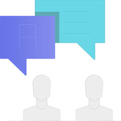 Two Silhouetted Figures Engage in Conversation with Purple and Cyan Speech Bubbles Against a Clean White Background Symbolizing Communication and Dialogue