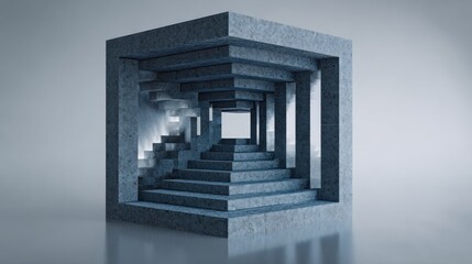 Obraz premium A concrete cube with a series of interconnected square sections, creating a tunnel-like structure, with a gradient background transitioning from light to dark grey.