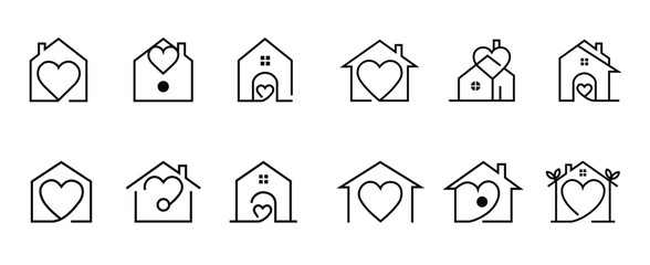 Minimal line art of house with heart symbol collection for love care family home concept perfect for logo branding and social design