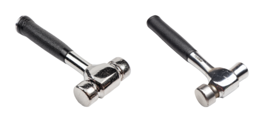 Polished steel ball-peen hammer with textured black grip, isolated on a black background for graphic design, PNG set with transparent background