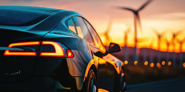 A sleek black Tesla Model S electric car parked in front of a wind farm at sunset, with the sun setting behind the turbines and the sky painted with warm hues of orange and pink.