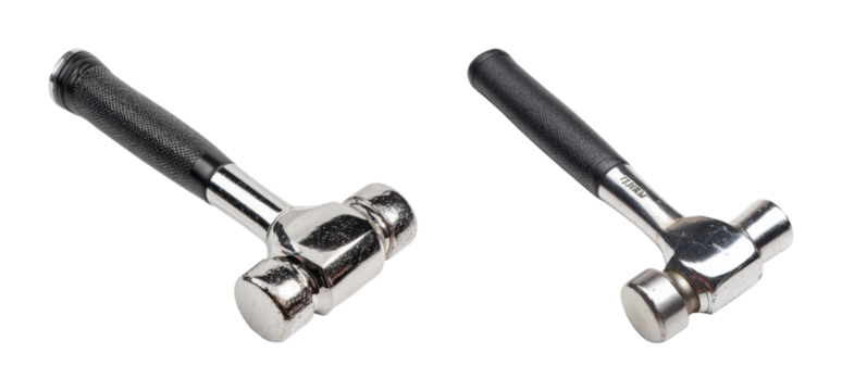 Polished steel ball-peen hammer with textured black grip, isolated on a black background for graphic design, PNG set with transparent background