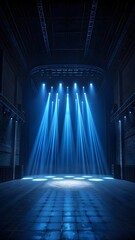 Empty Stage With Blue Spotlights Shining In Dark Theater Hall Dramatic Lighting Background For Performance Show