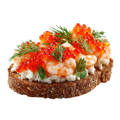  Open faced sandwich rye bread cottage cheese shrimp red caviar fresh dill chive gourmet appetizer seafood snack isolated [Transparent Background PNG].