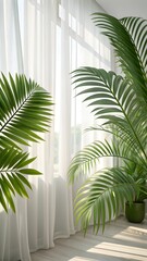 Beautiful Tropical Green Indoor Palm Plants Near Bright Window With Soft Sunlight And White Sheer Curtains