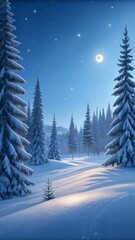 Magical Winter Night Landscape With Snow Covered Pine Trees Under Moonlight In Peaceful Mountain Forest