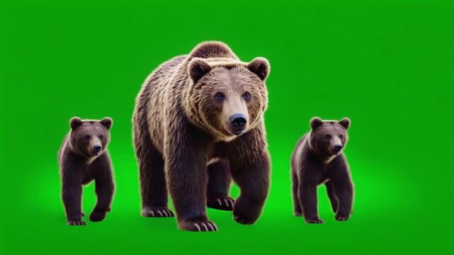 A family of brown bears standing against a bright green screen background in a studio setting bear green screen video