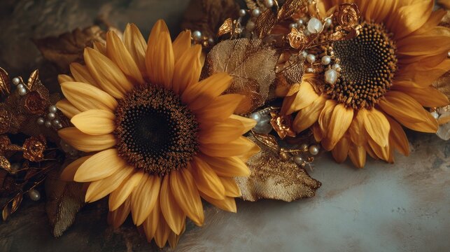 Two sunflowers with golden accents and pearls, set against a textured background with gold leaves and pearls, creating a warm and elegant floral arrangement.