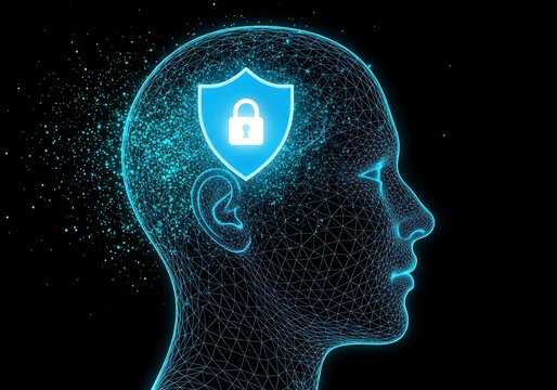 Artificial Intelligence Cyber Security Concept with Human Head Silhouette and Digital Shield Lock Symbol