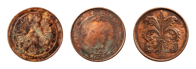 Ancient distressed bronze coin with ornate antique design, showcasing a regal eagle emblem, intricate patterns, and a historic fleur-de-lis, perfect for vintage finance and heritage themes PNG set ...