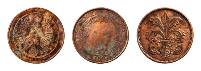 Ancient distressed bronze coin with ornate antique design, showcasing a regal eagle emblem, intricate patterns, and a historic fleur-de-lis, perfect for vintage finance and heritage themes PNG set ...