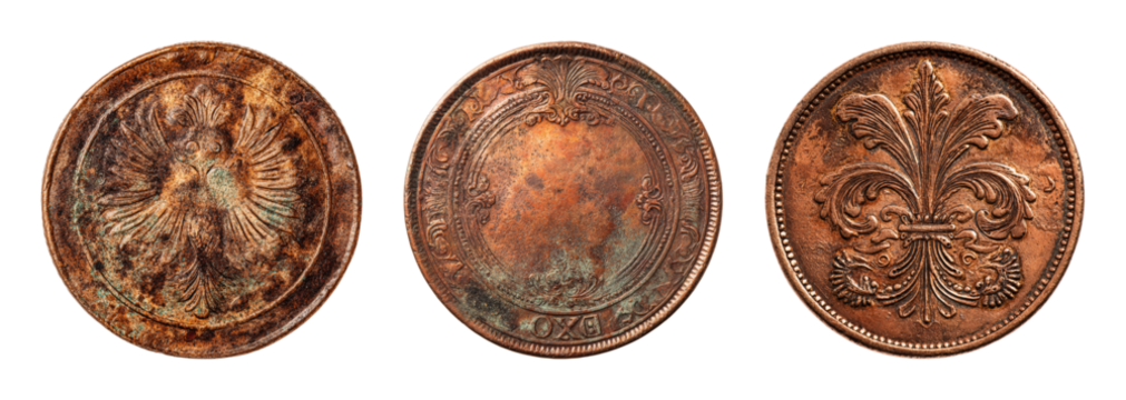 Ancient distressed bronze coin with ornate antique design, showcasing a regal eagle emblem, intricate patterns, and a historic fleur-de-lis, perfect for vintage finance and heritage themes PNG set ...