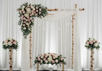 Elegant wedding arch decorated with white and pink flowers