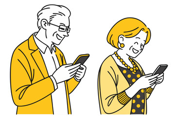 man and woman talking on the phone. A happy senior couple using their smartphones. couple communicating on their mobile phones. Smartphone using vector.