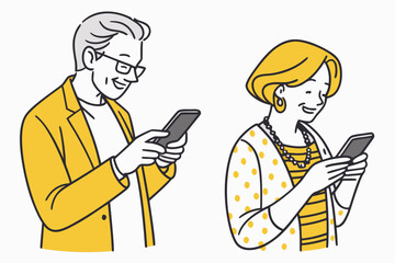 man and woman talking on the phone. A happy senior couple using their smartphones.  couple communicating on their mobile phones. Smartphone using vector.