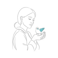 Vector art of a gentle woman with closed eyes holds a small bird with blue wings in her cupped hands