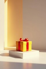 A sunny yellow gift box with a vibrant red ribbon, elegantly presented on a pristine white pedestal, bathed in soft, warm light