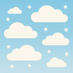 Flat Vector Sky Scene with Stars and Clouds Minimal Illustration